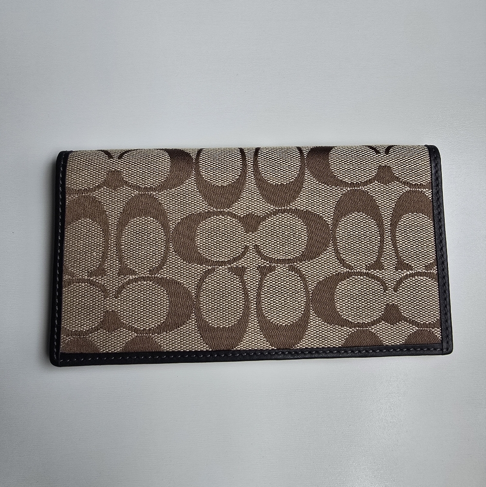 Coach Brown Signature Print Teal Lining Checkbook Cover